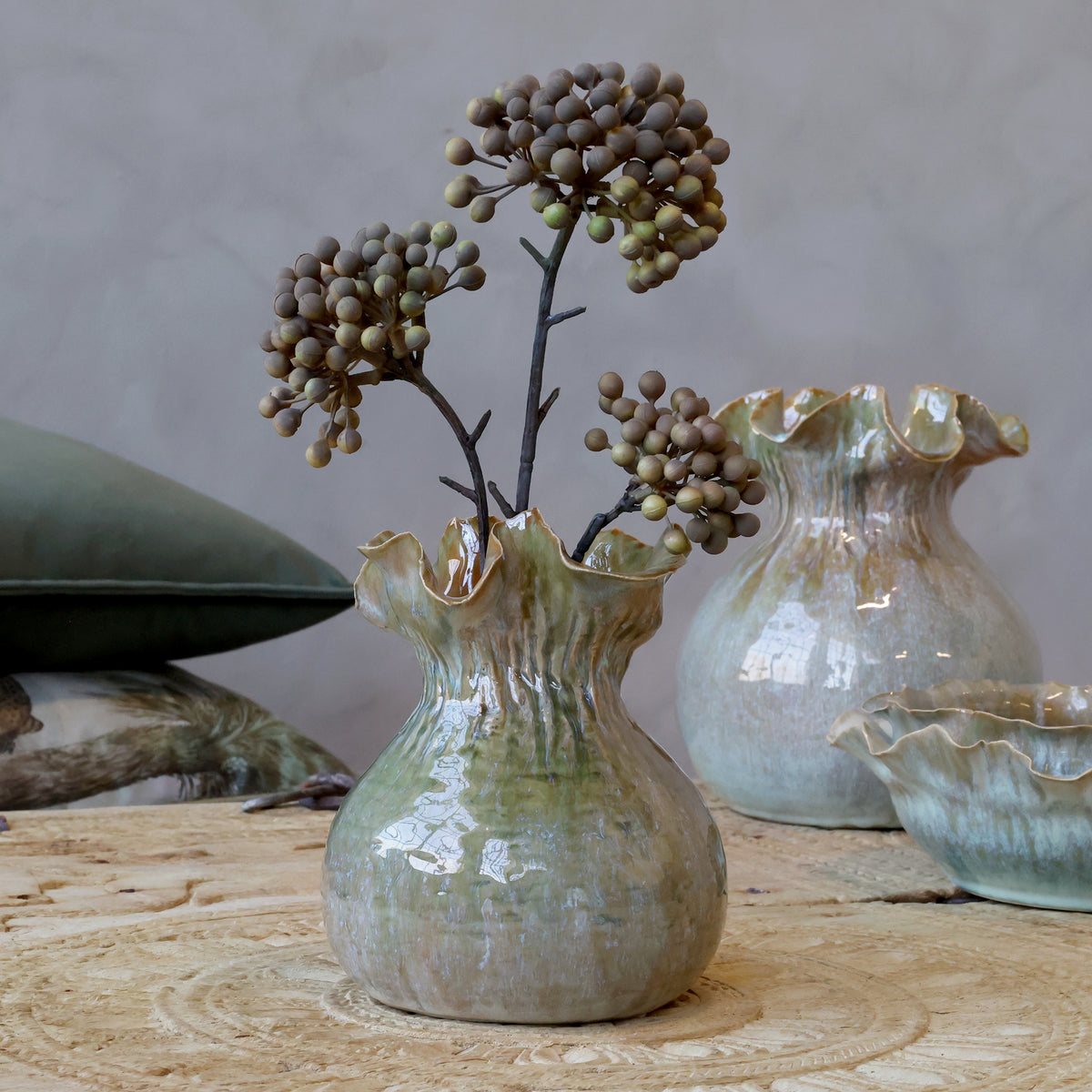 Vase m. krøllet kant, H16 cm, verte