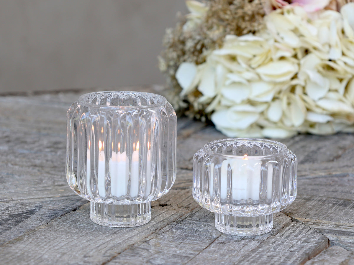 Lysestage m. riller, klar glas, H9 cm