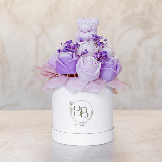 Blomsterlys boks - Rosa/Lilla med bamse