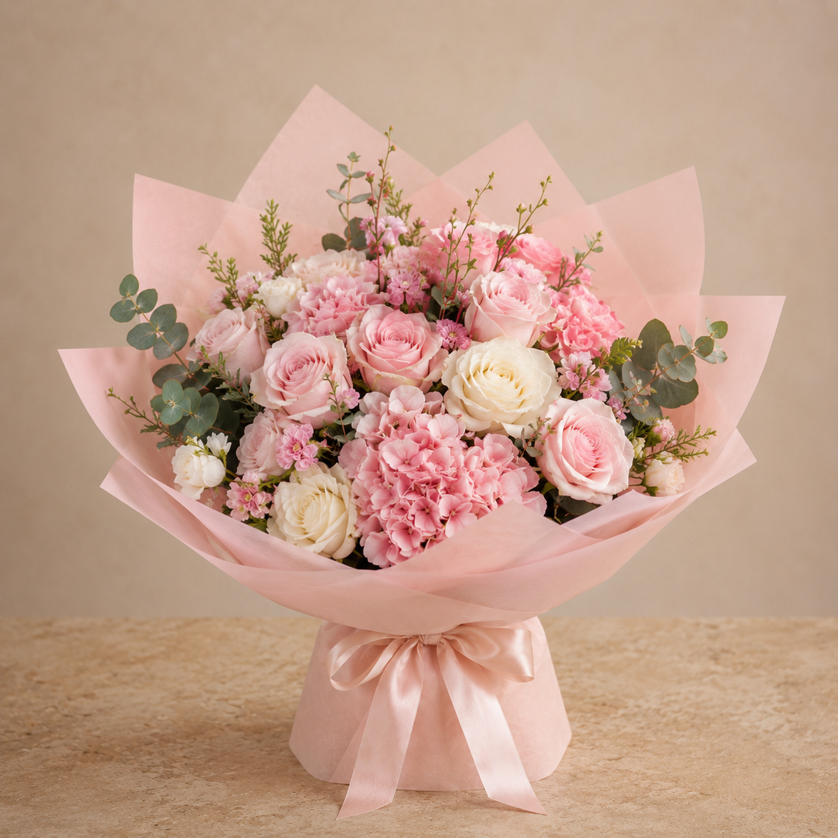 Buket med rosa og cremehvide roser og eukalyptus